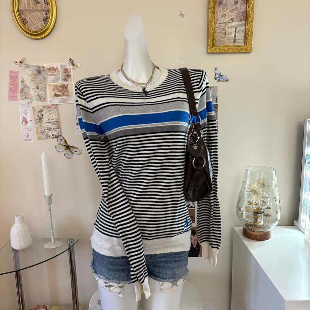 Aeropostale Y2K Striped Long Sleeve Knit Sweater Womens S Black White Blue Prepp